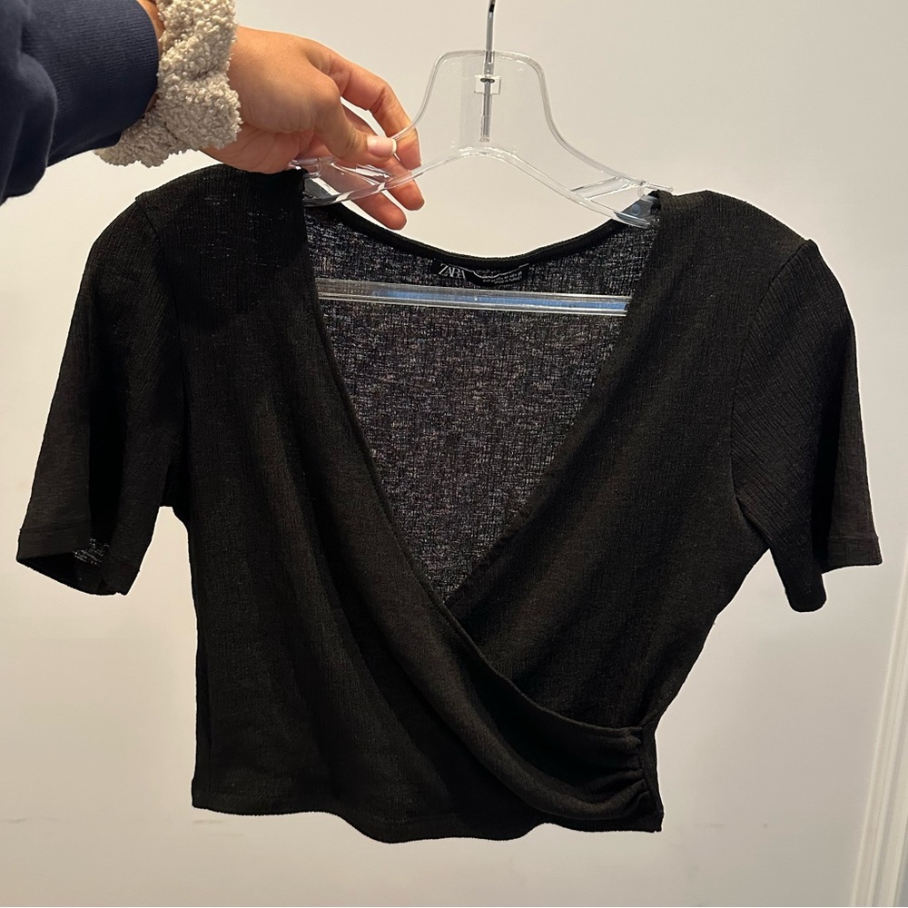 Zara thin cropped crossover top in black